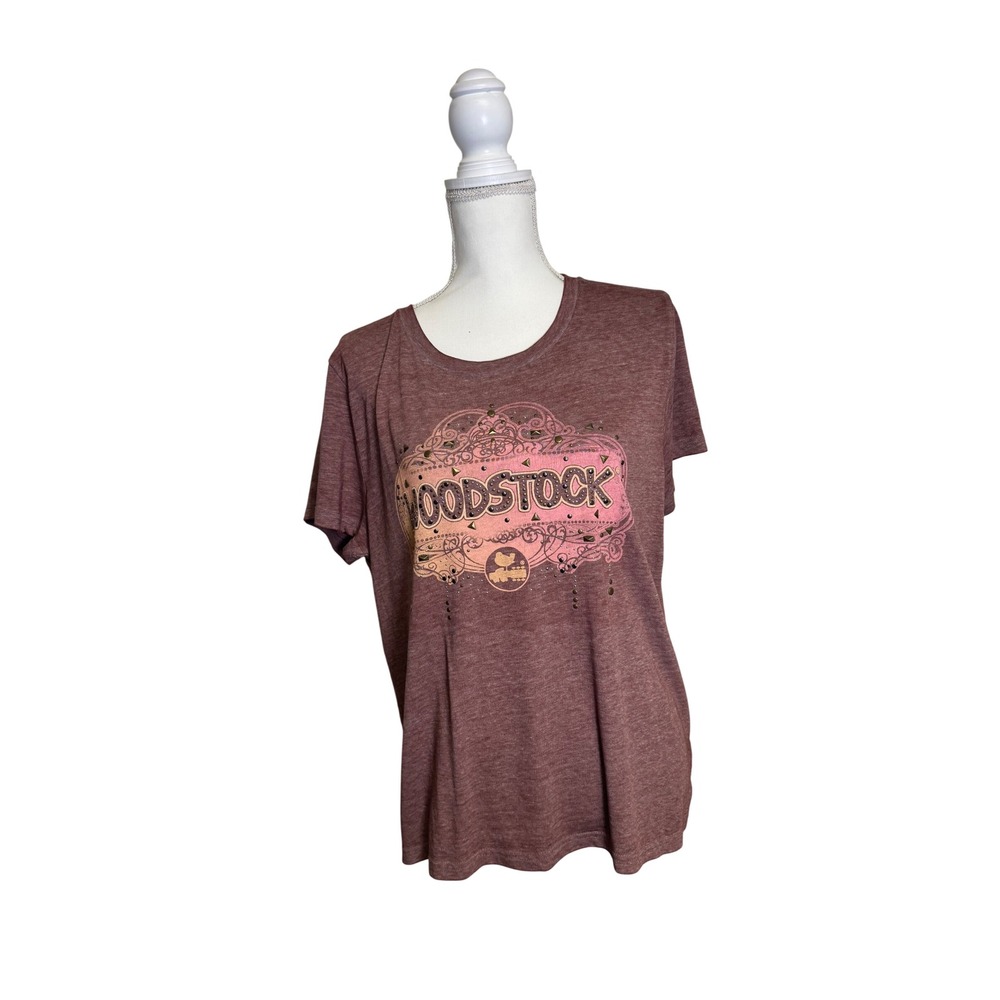 Lucky Brand Women's Pink Woodstock Graphic Short Sleeve Studded Shirt Size XL